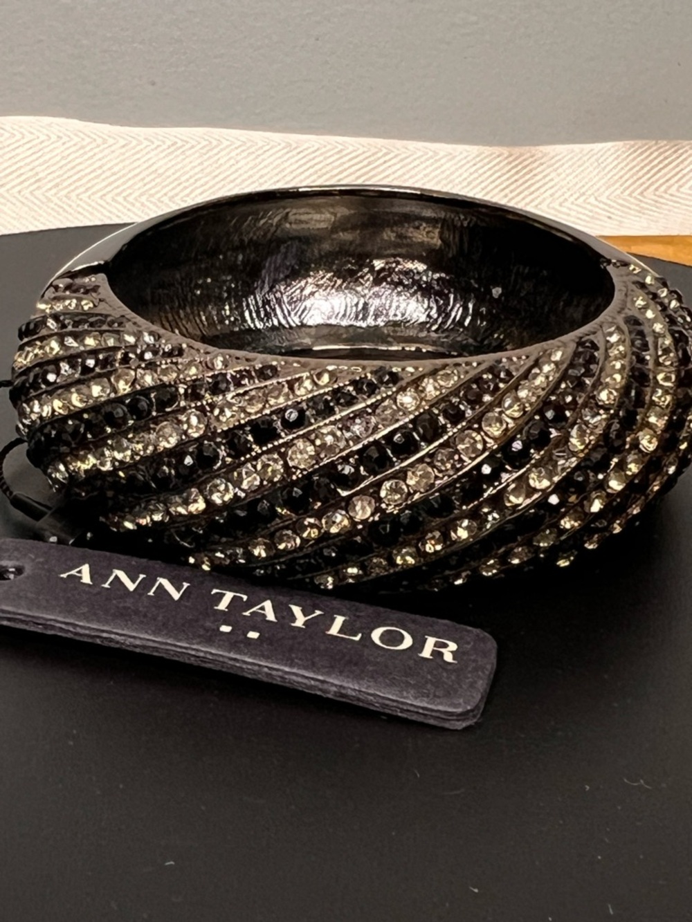 ANN TAYLOR Polished Gun Metal Silver-Tone Bling Rhinestone Dome Clamper Bracelet
